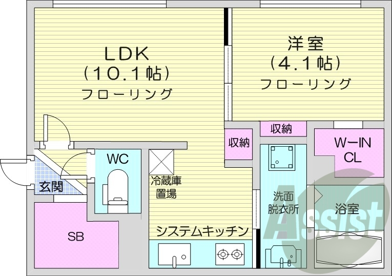 1LDK、エアコン、ネット無料、システムキッチン