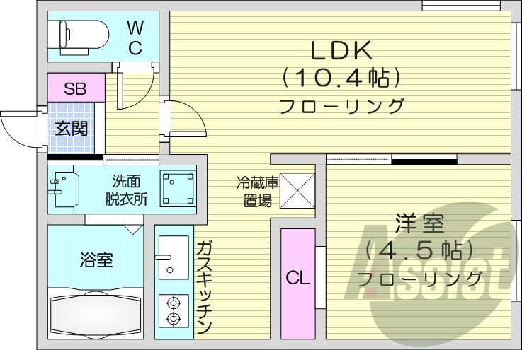 1LDK、エアコン、ネット無料、システムキッチン