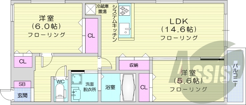2LDK、システムキッチン、灯油暖房、独立洗面台