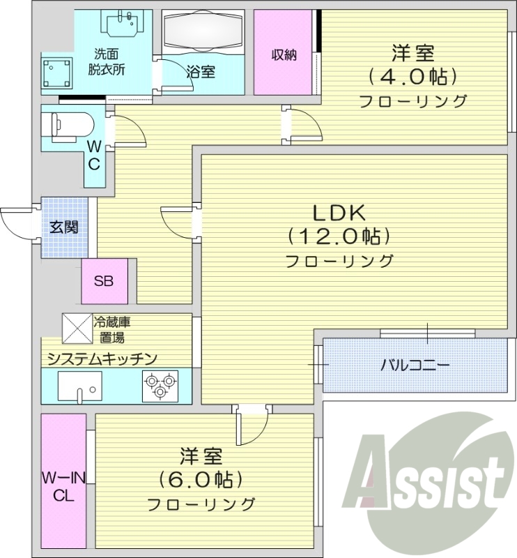 2LDK、都市ガス、エアコン、システムキッチン、独立洗面台
