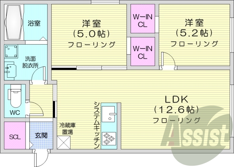 2LDK、エアコン、都市ガス、追い焚き