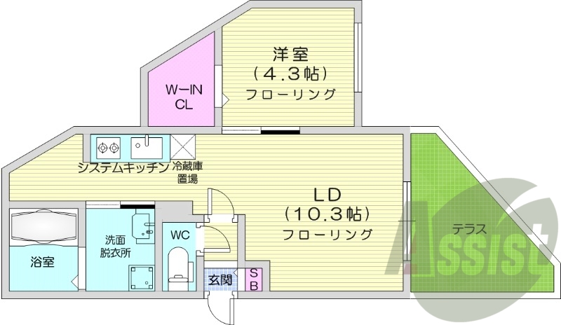 1LDK、エアコン、都市ガス、ペット飼育可
