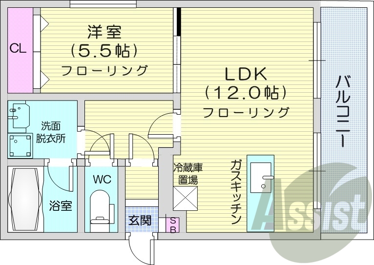 1LDK、エアコン、独立洗面台、ガスキッチン