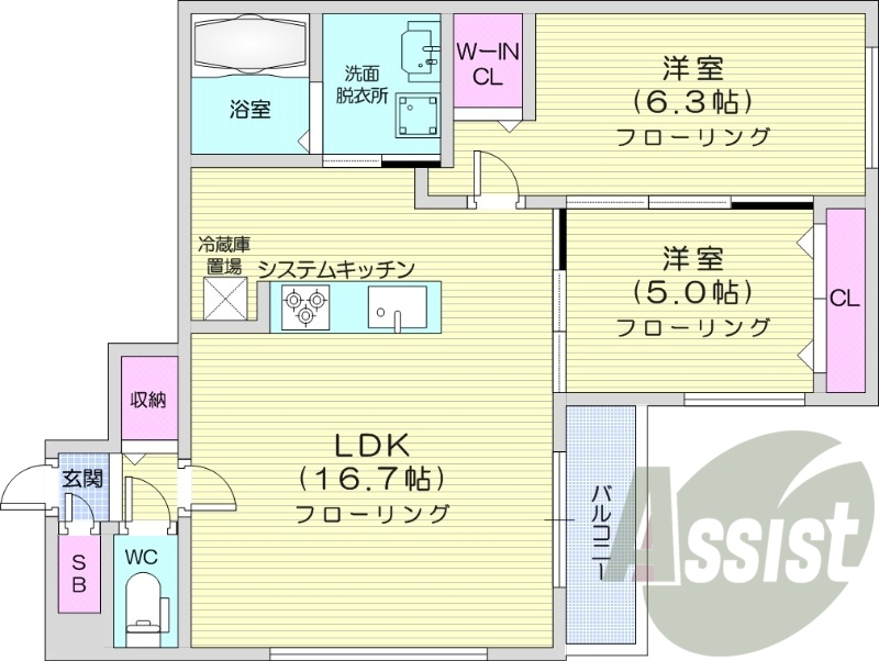 2LDK、都市ガス、ネット無料、追い焚き、バルコニー