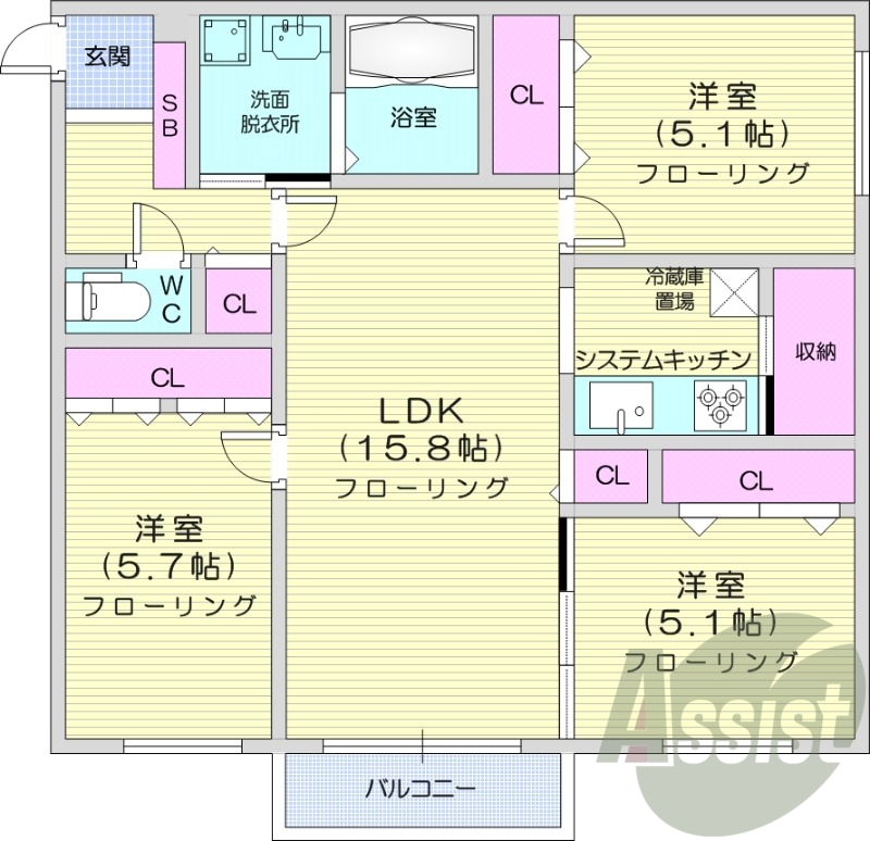 3LDK、エアコン、都市ガス、システムキッチン