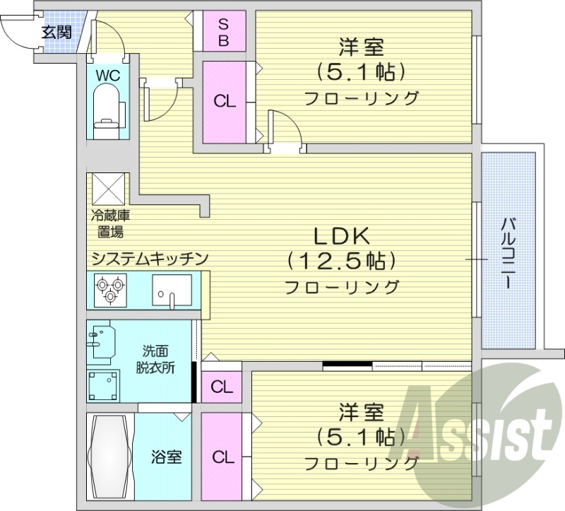 2LDK、エアコン、都市ガス、システムキッチン