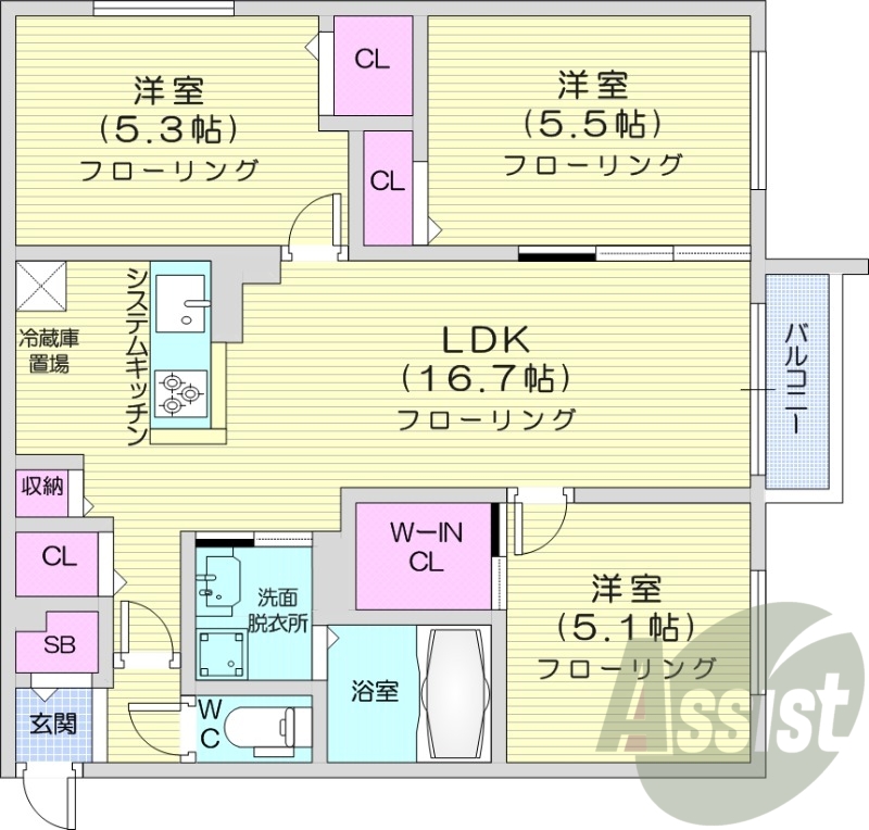 3LDK、エアコン、都市ガス、システムキッチン