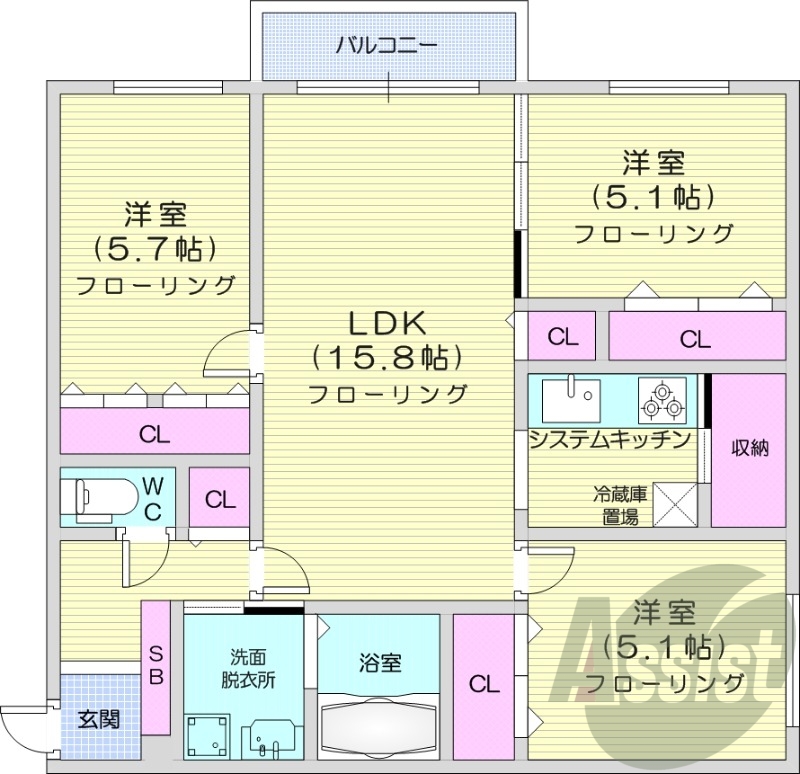 3LDK、エアコン、都市ガス、システムキッチン