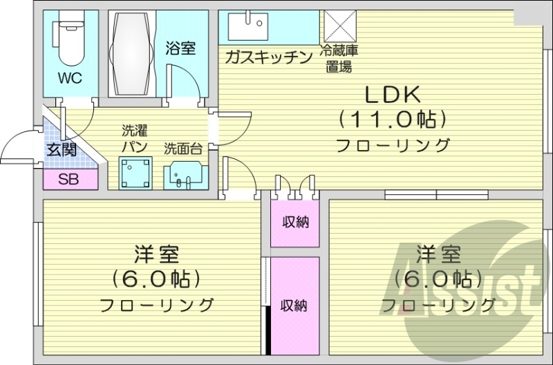 2LDK、独立洗面台、バス・トイレ別、灯油暖房