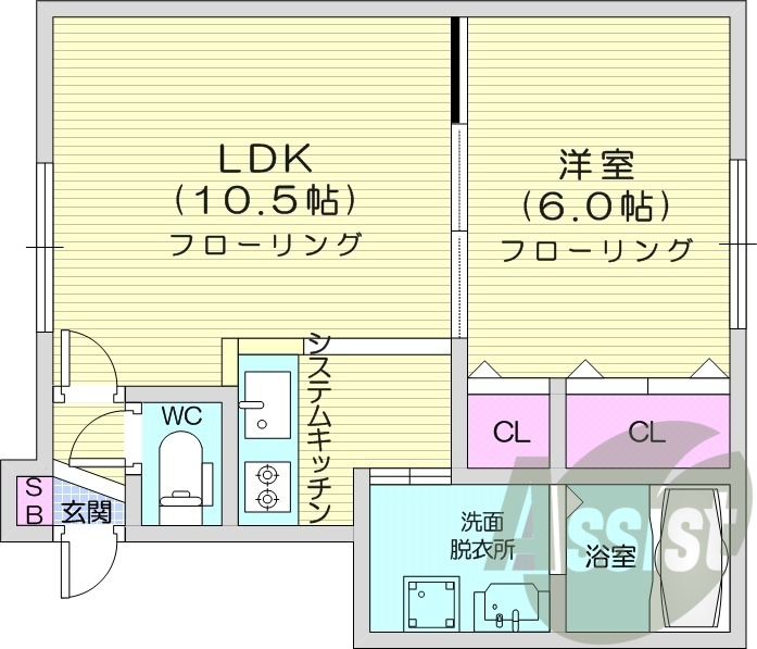 1LDK、独立洗面台、灯油暖房、システムキッチン