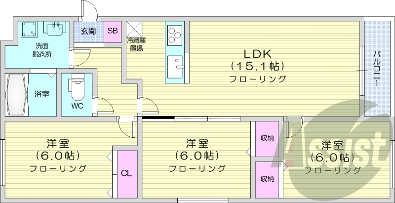 3LDK、オール電化、エアコン、システムキッチン