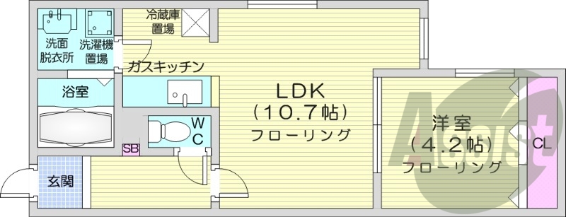1LDK、オートロック、角部屋、ネット無料、灯油FF暖房