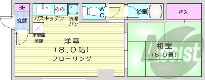 1LDK、灯油暖房、バス・トイレ別、室内洗濯機置場