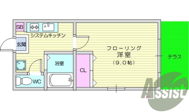 １K、角部屋、収納、セパレート、室内洗濯機置き場、洋室