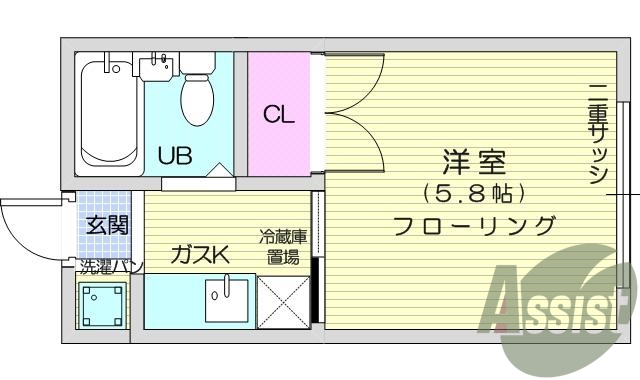 １K、収納、室内洗濯機置き場、エアコン、照明付き、洋室