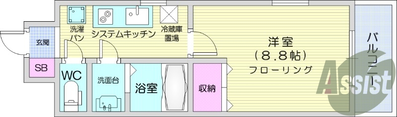 １K、エアコン、バストイレ別、シューズボックス