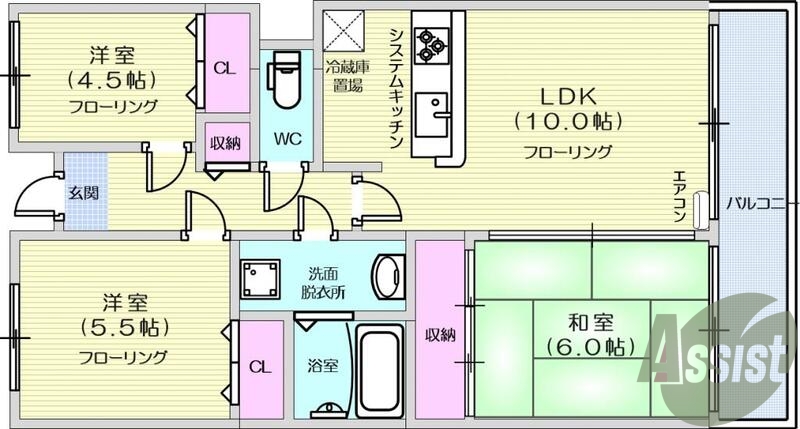 3LDK、南向き、バス・トイレ別、洗面所独立システムキッチン