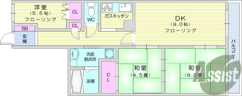 3LDK、南向き、バストイレ別、洗面所独立、システムキッチン
