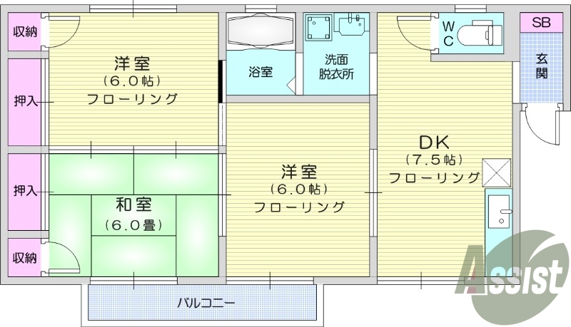 3DK、角部屋、B・T別、追い焚き、モニター付きインターホン