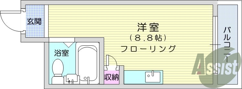 1R、家具・家電付き、オートロック、エアコン、ベランダ
