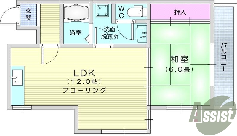 1LDK、角部屋、風呂トイレ別、都市ガス、エレベーター、給湯