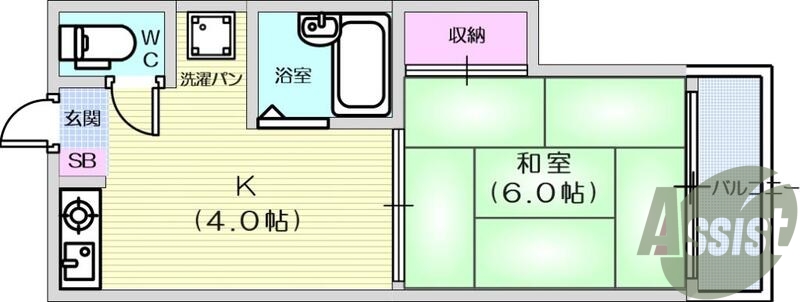 1K、バス・トイレ別、エアコン、ベランダ、シャワー