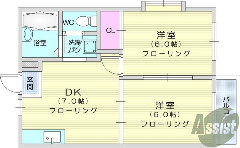 2DKエアコン、角部屋、最上階、出窓、プロパンガス、洗濯機置
