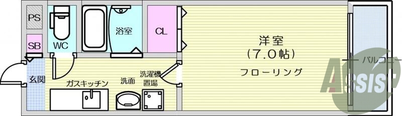 1K、バストイレ別、温水洗浄便座、光ファイバー、都市ガス