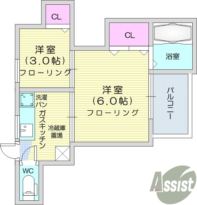 2K、バストイレ別、フローリング、収納スペース、バルコニー