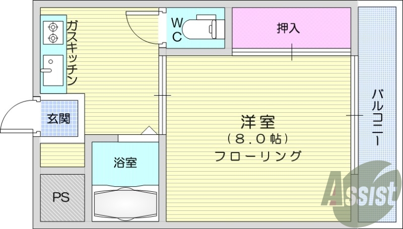 1K、バストイレ別、フローリング、エアコン