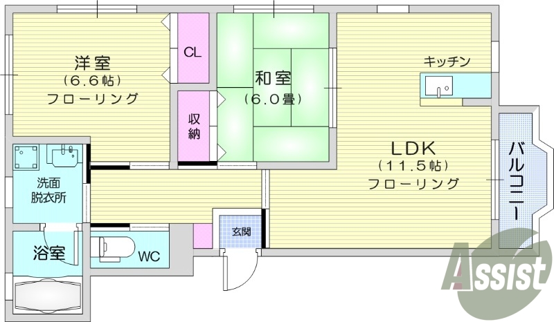 2LDK、エアコン、和室、フローリング、追い焚き機能