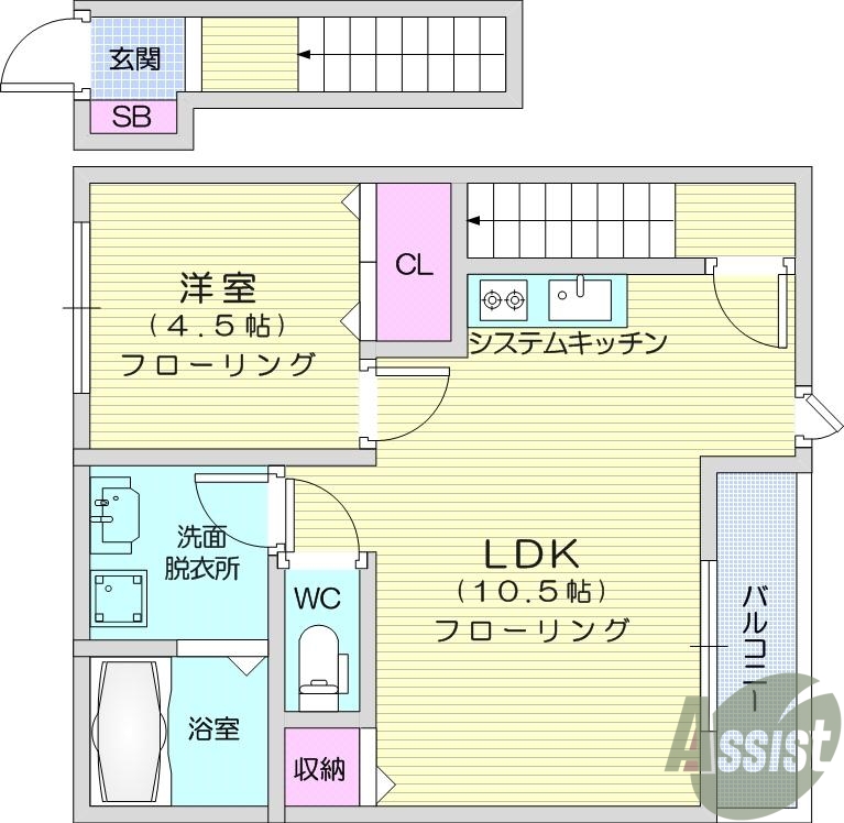 1LDK、バストイレ別、エアコン、ウォークインクローゼット