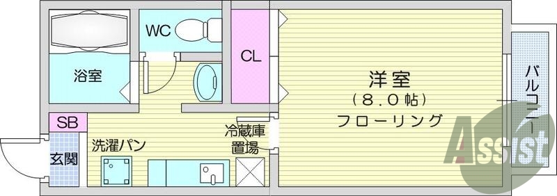 1K、南向き、バス・トイレ別、エアコン、バルコニー