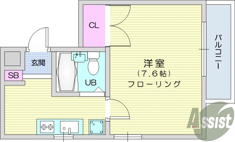 １Ｋ、角部屋、都市ガス、ＢＳ端子付きです。