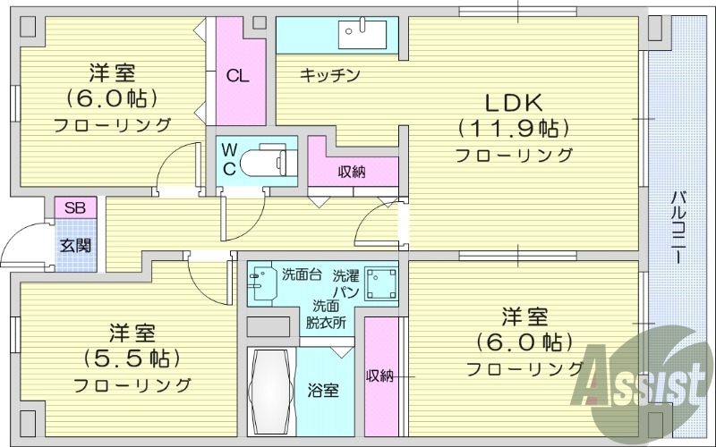 3LDK、南向き、バス・トイレ別、バルコニー、エアコン