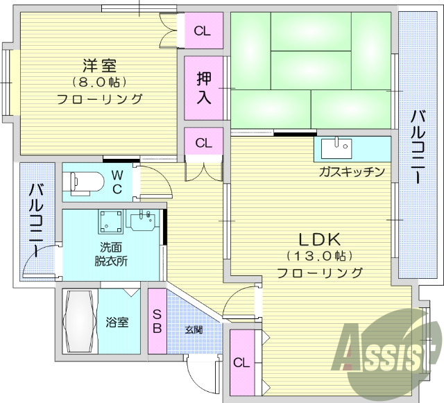 2LDK、都市ガス、和室、洗面台、フローリング、南向き