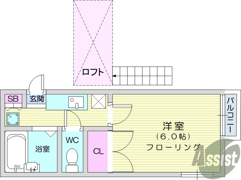 1K、南東向き、ロフト、バス・トイレ別、バルコニー、エアコン