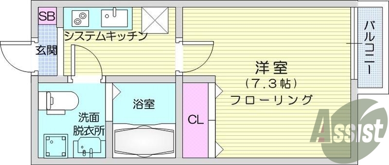 1K、南向き、バス・トイレ別、エアコン、バルコニー