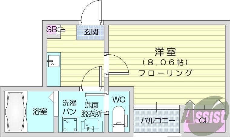 1K、南東向き、バス・トイレ別、エアコン、バルコニー