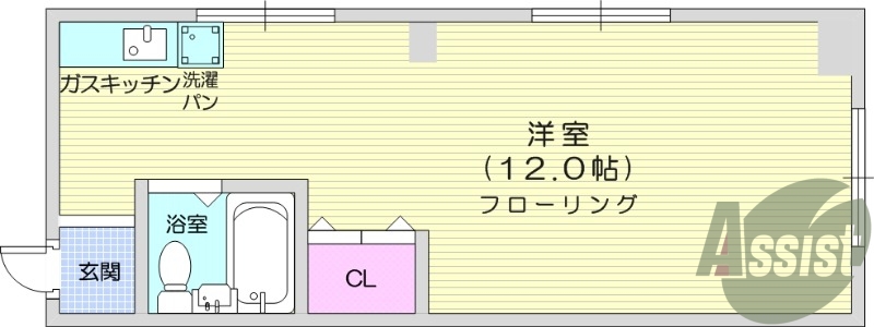 12帖の1R、エアコン、洗濯機置場、日当たり良好、角部屋