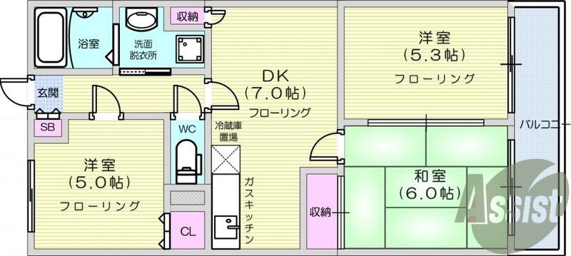 3DK、エアコン、室内洗濯機置場、トイレ浴室別、クローゼット