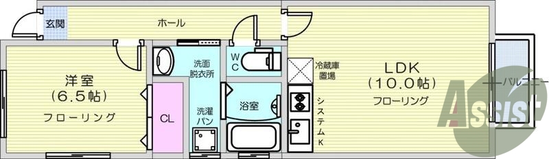 1LDK、南向き、バス・トイレ別、システムキッチン、テラス