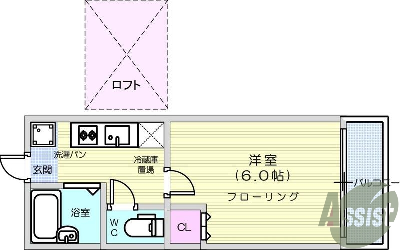 1K、エアコン、室内洗濯機置場、トイレ浴室別、クローゼット。