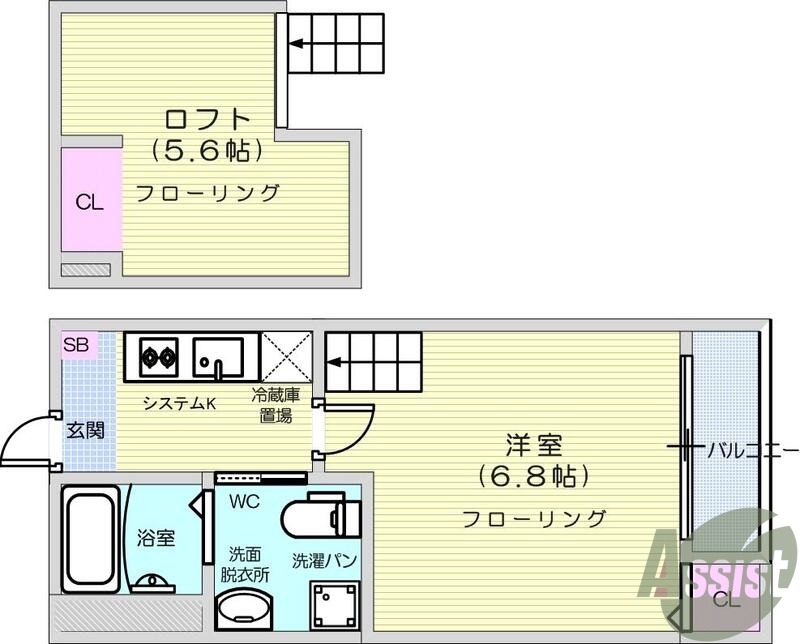 1K・ロフト・ネット無料・追い焚き・浴室乾燥・システムK