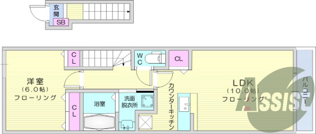 1LDK、カウンターキッチン、バストイレ別、浴室乾燥機付き