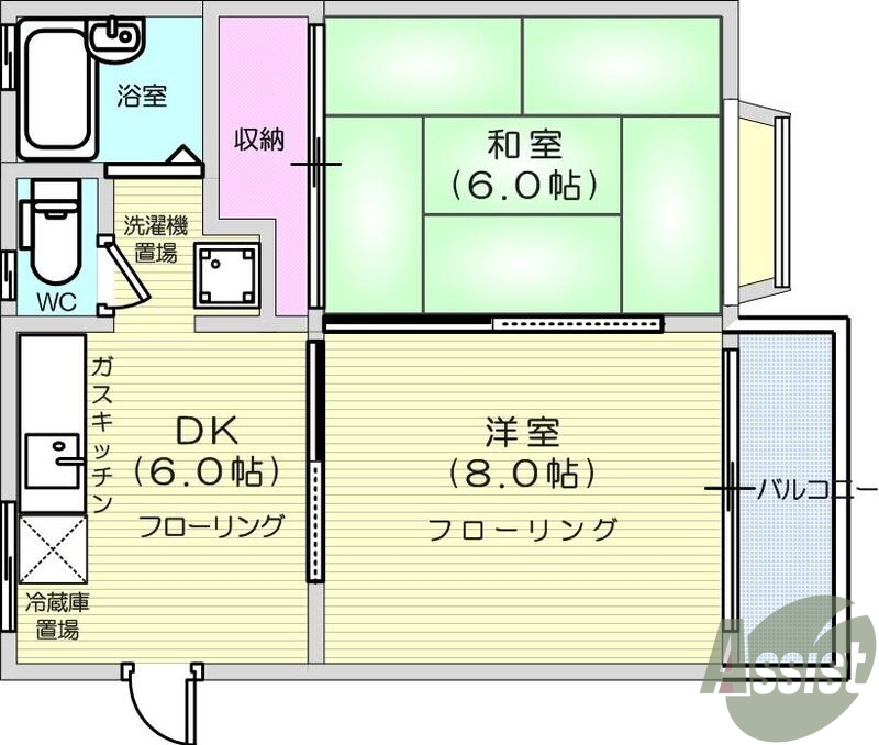 2DK、エアコン、室内洗濯機置場、トイレ浴室別、クローゼット