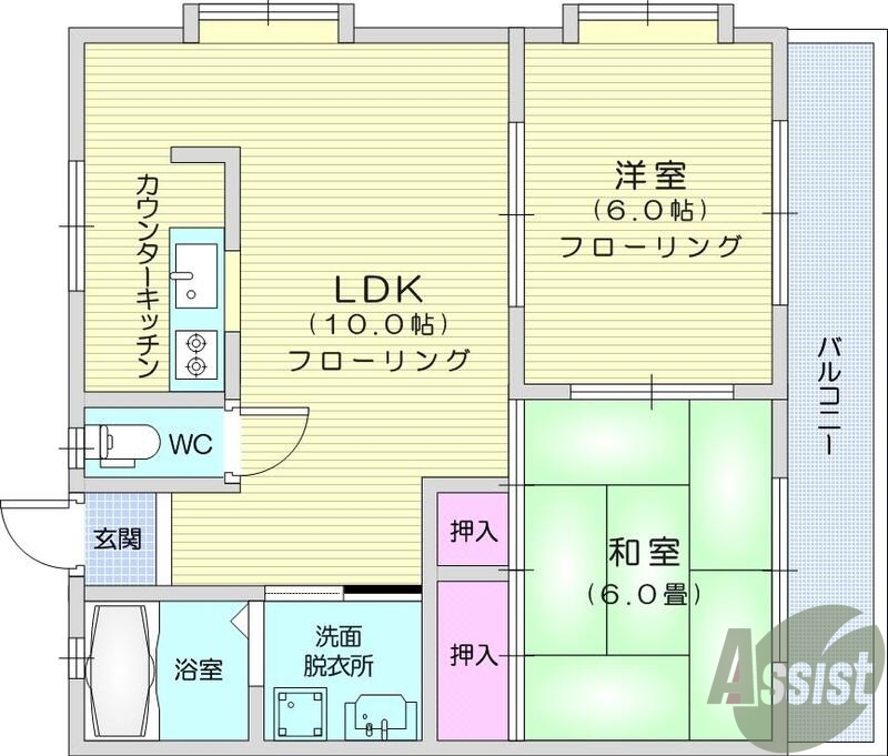 2LDK、BSアンテナ、エアコン、モニター付きインターホン