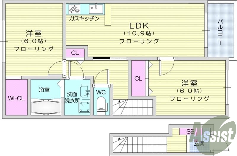2LDK、エアコン、モニター付インターホン、