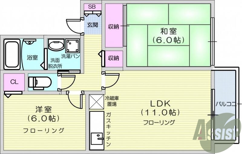 2LDK、クローゼット、給湯、バルコニー、シューズボックス