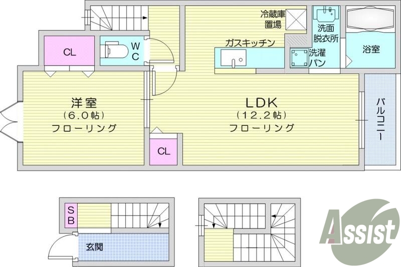 1LDKエアコン2台、バストイレ別洗面所独立、プロパンガス